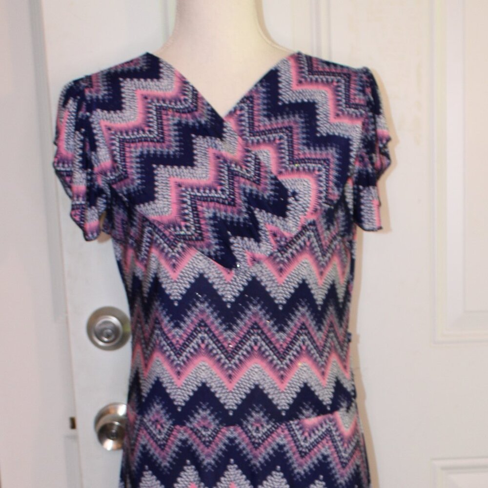 YUNA Knit Dress, Blue Dusty Pink Sparkles Flutter Sleeves, Size L/XL, - Picture 3 of 8